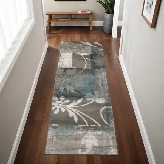 8' Tan And Gray Floral Distressed Runner Rug Photo 1