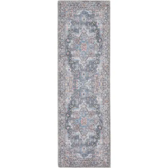 10' Blue Floral Power Loom Distressed Washable Runner Rug Photo 3