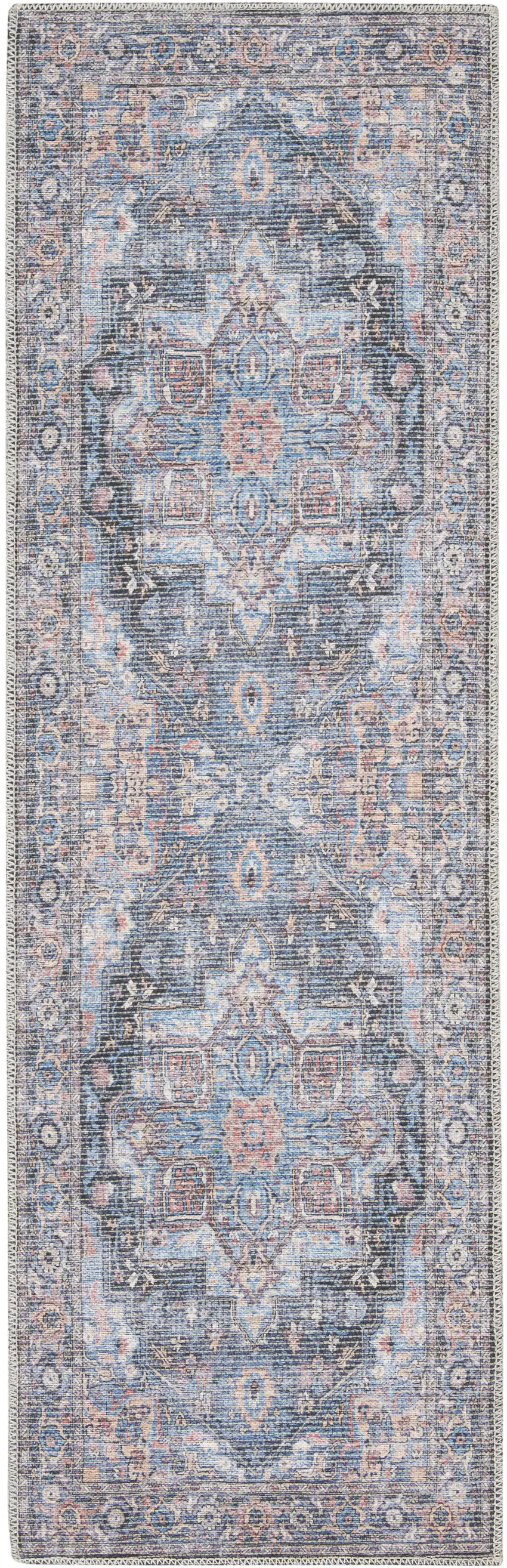 10' Blue Floral Power Loom Distressed Washable Runner Rug Photo 3