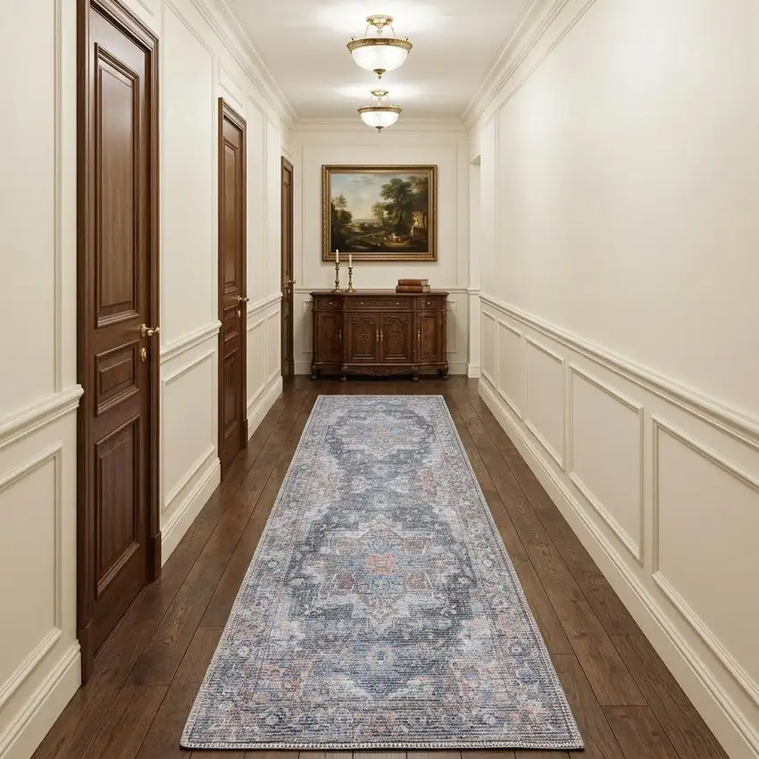 10' Blue Floral Power Loom Distressed Washable Runner Rug Photo 1