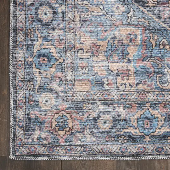 10' Blue Floral Power Loom Distressed Washable Runner Rug Photo 8