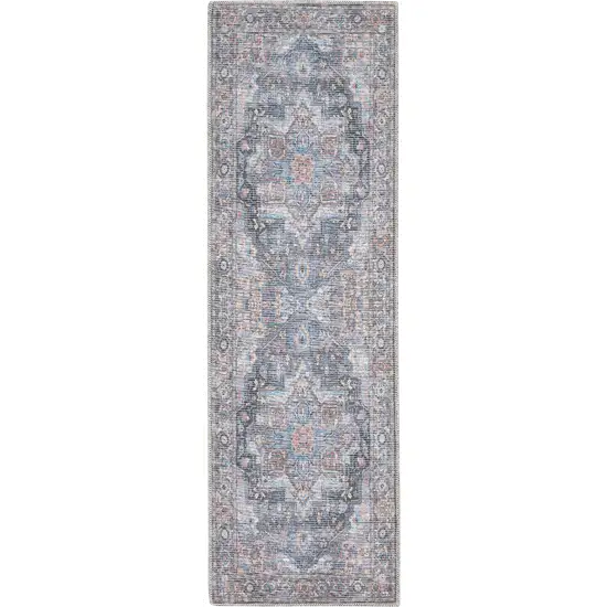 10' Blue Floral Power Loom Distressed Washable Runner Rug Photo 2
