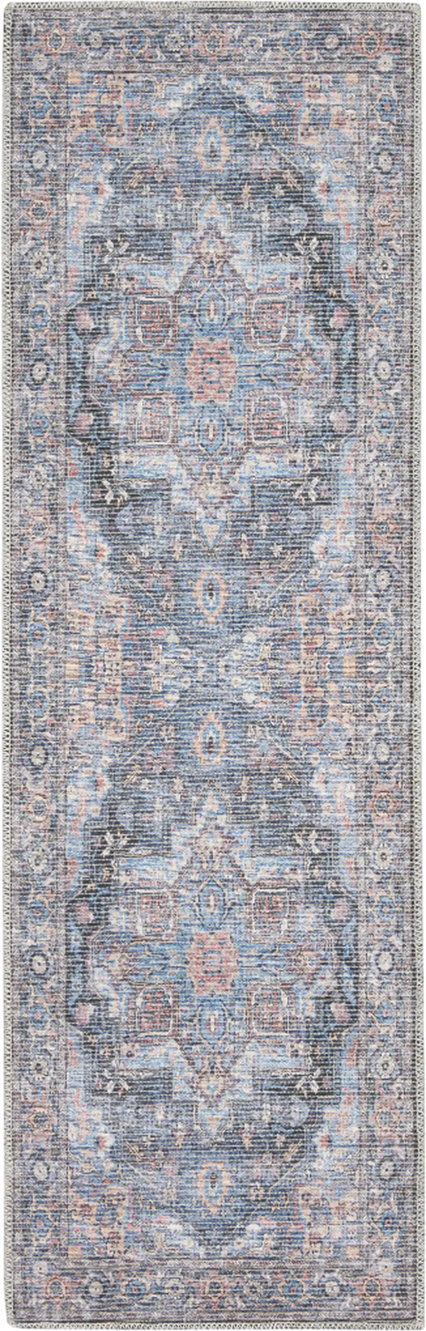 10' Blue Floral Power Loom Distressed Washable Runner Rug Photo 2