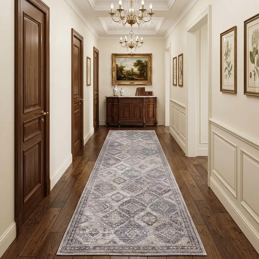 10' Ivory and Tan Floral Power Loom Distressed Washable Runner Rug Photo 1