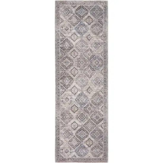 10' Ivory and Tan Floral Power Loom Distressed Washable Runner Rug Photo 3