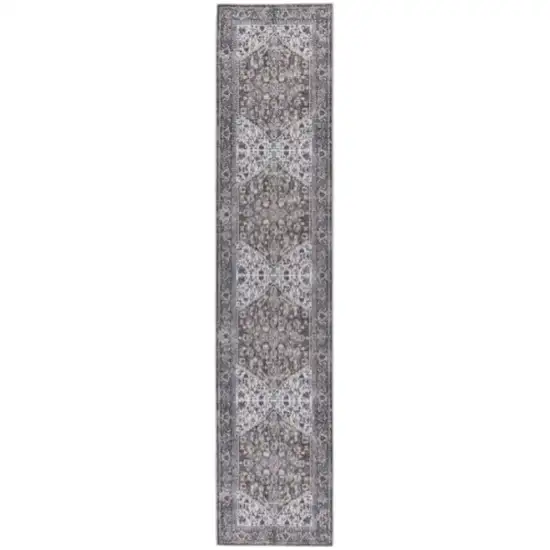 10' Green and Ivory Floral Power Loom Distressed Washable Runner Rug Photo 2