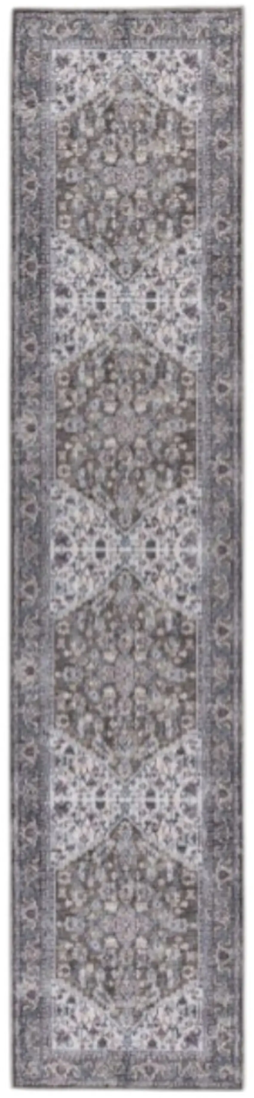 10' Green and Ivory Floral Power Loom Distressed Washable Runner Rug Photo 2