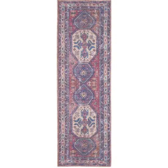 10' Blue and Red Floral Power Loom Distressed Washable Runner Rug Photo 2