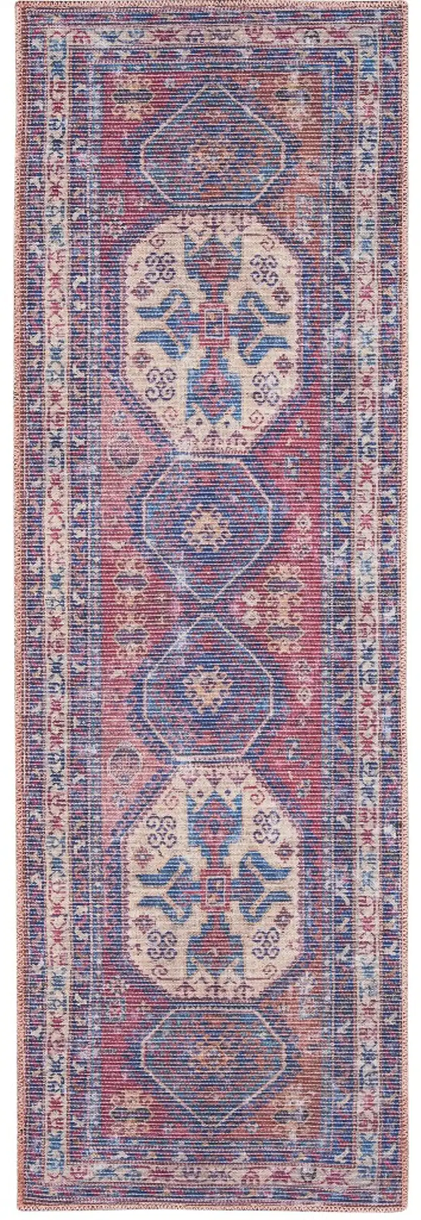 10' Blue and Red Floral Power Loom Distressed Washable Runner Rug Photo 2