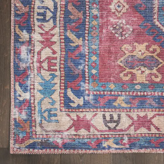 10' Blue and Red Floral Power Loom Distressed Washable Runner Rug Photo 7