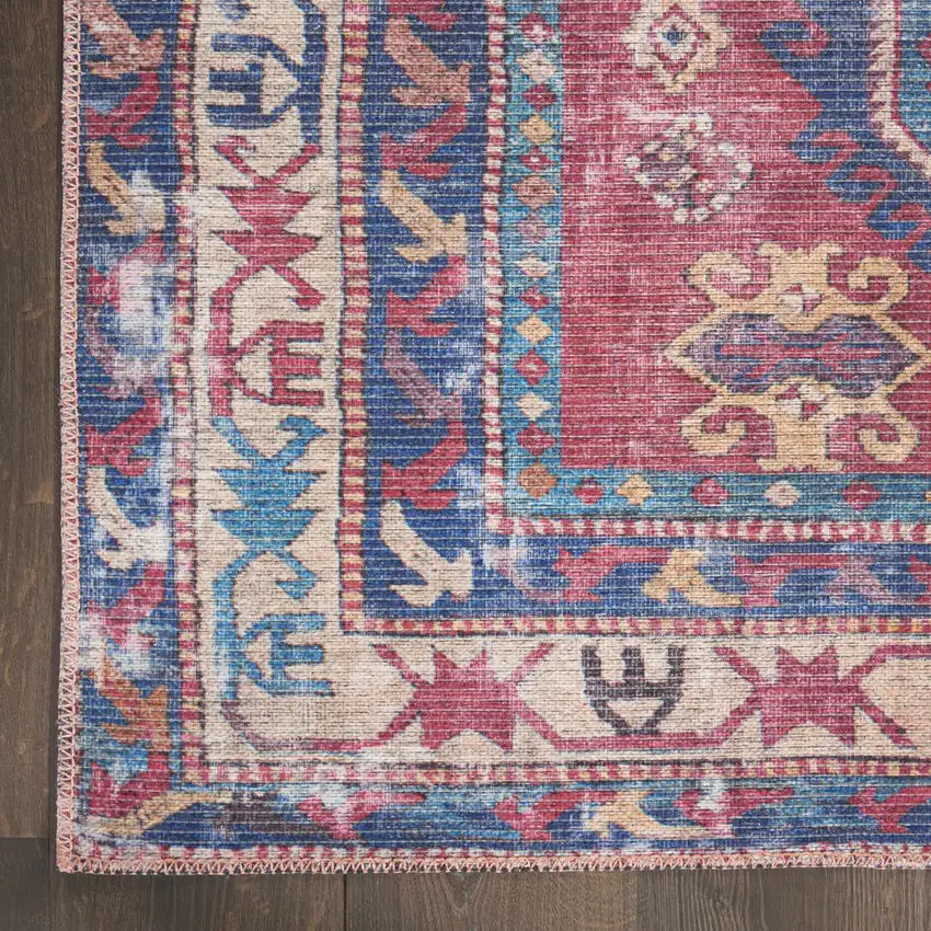 10' Blue and Red Floral Power Loom Distressed Washable Runner Rug Photo 7