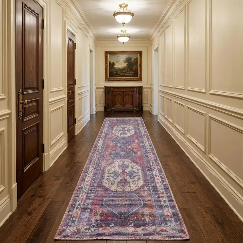 10' Blue and Red Floral Power Loom Distressed Washable Runner Rug Photo 1