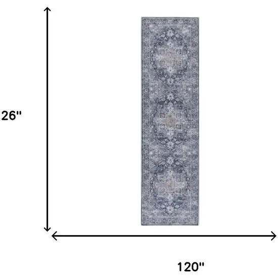 10' Blue and Ivory Floral Power Loom Distressed Washable Runner Rug Photo 3