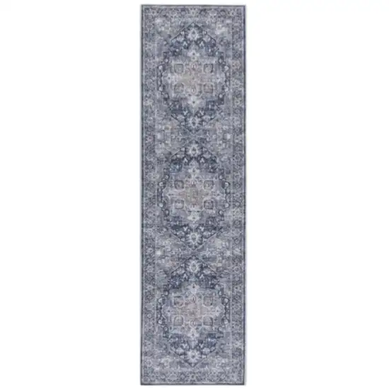 10' Blue and Ivory Floral Power Loom Distressed Washable Runner Rug Photo 2