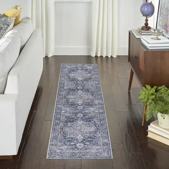 10' Blue and Ivory Floral Power Loom Distressed Washable Runner Rug Photo 5