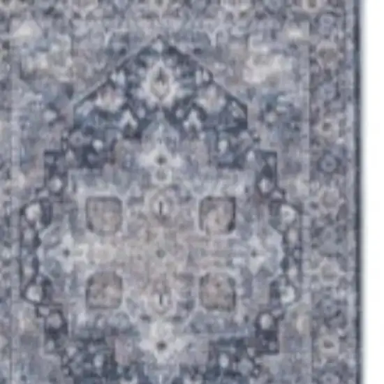 10' Blue and Ivory Floral Power Loom Distressed Washable Runner Rug Photo 4