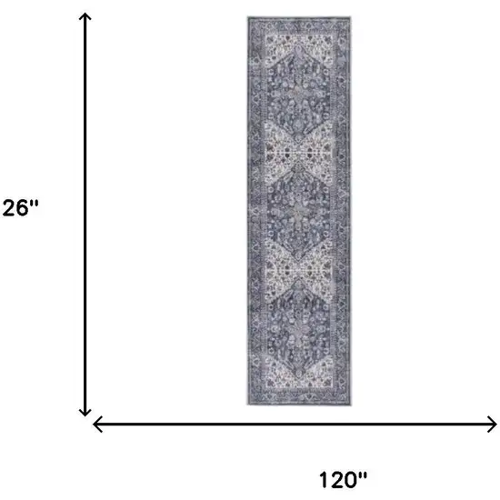 10' Blue and Ivory Floral Power Loom Distressed Washable Runner Rug Photo 3