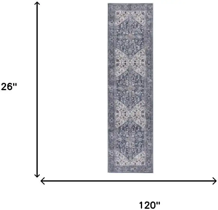 10' Blue and Ivory Floral Power Loom Distressed Washable Runner Rug Photo 3