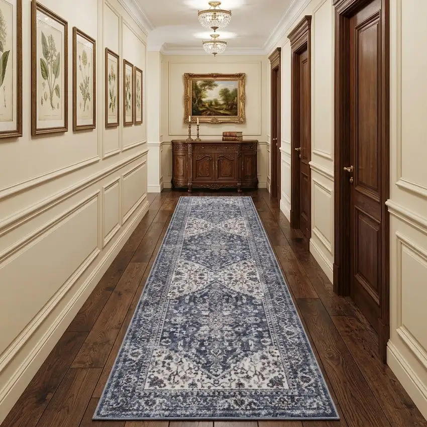 10' Blue and Ivory Floral Power Loom Distressed Washable Runner Rug Photo 1