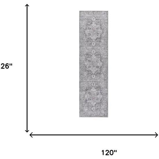 10' Gray and Ivory Floral Power Loom Distressed Washable Runner Rug Photo 3