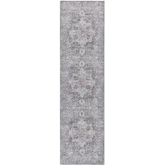 10' Gray and Ivory Floral Power Loom Distressed Washable Runner Rug Photo 2