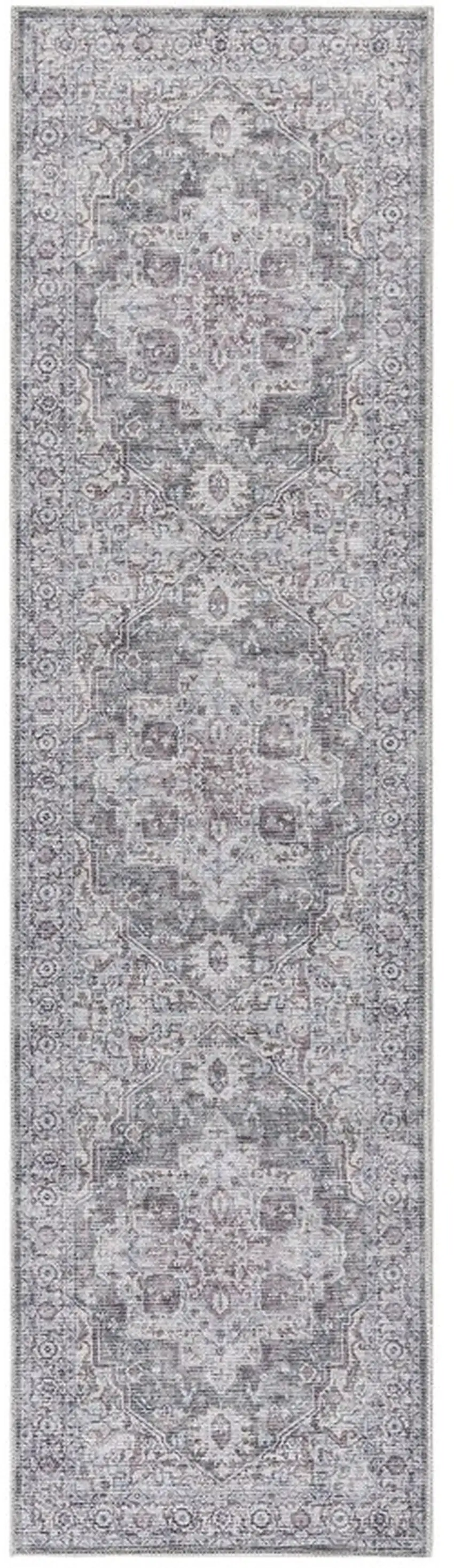 10' Gray and Ivory Floral Power Loom Distressed Washable Runner Rug Photo 2