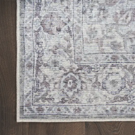 10' Gray and Ivory Floral Power Loom Distressed Washable Runner Rug Photo 6