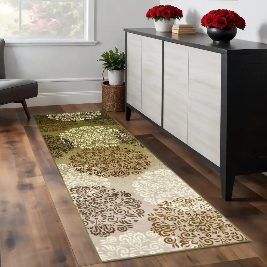 8' Brown Green And Ivory Floral Medallion Washable Runner Rug Photo 1