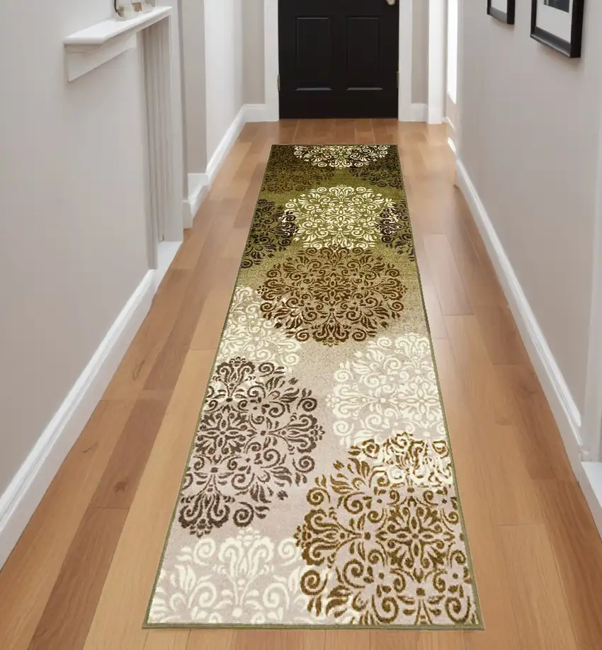 Green and Brown Floral Medallion Power Loom Washable Non Skid Runner Rug Photo 1