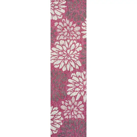 10' Fuchsia And Light Gray Floral Indoor Outdoor Runner Rug Photo 3