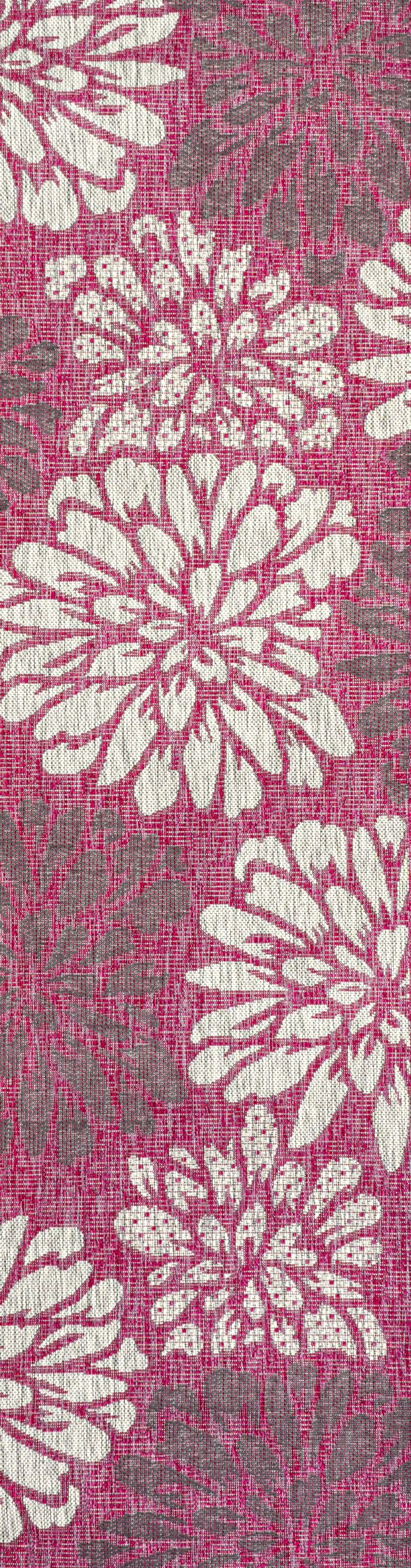 10' Fuchsia And Light Gray Floral Indoor Outdoor Runner Rug Photo 3