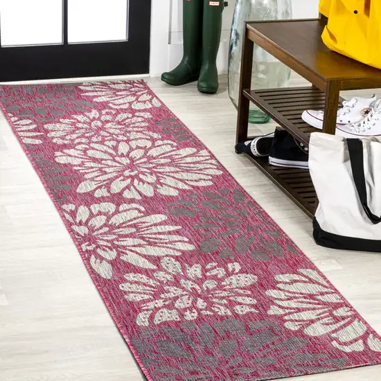 10' Fuchsia And Light Gray Floral Indoor Outdoor Runner Rug Photo 4