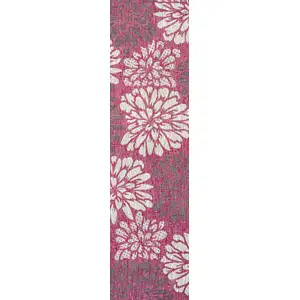 Photo of 10' Fuchsia And Light Gray Floral Indoor Outdoor Runner Rug