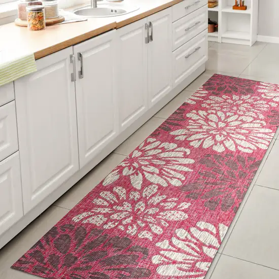 8' Fuchsia And Light Gray Floral Indoor Outdoor Runner Rug Photo 6