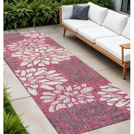 8' Fuchsia And Light Gray Floral Indoor Outdoor Runner Rug Photo 1