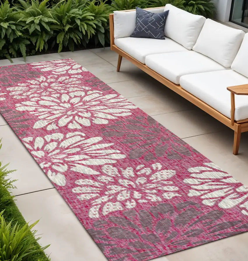8' Fuchsia And Light Gray Floral Indoor Outdoor Runner Rug Photo 1