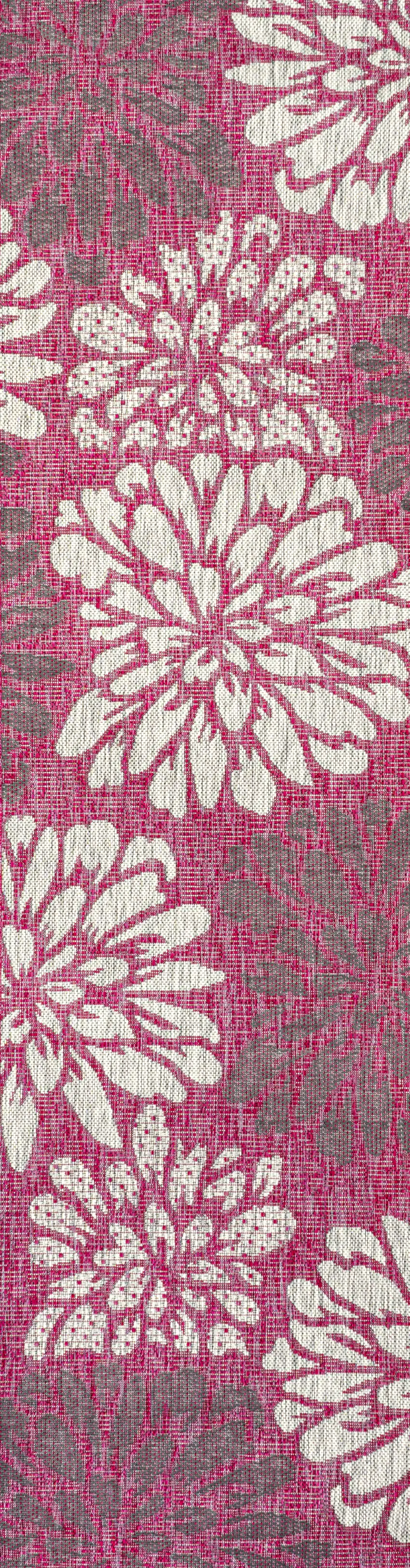 8' Fuchsia And Light Gray Floral Indoor Outdoor Runner Rug Photo 1