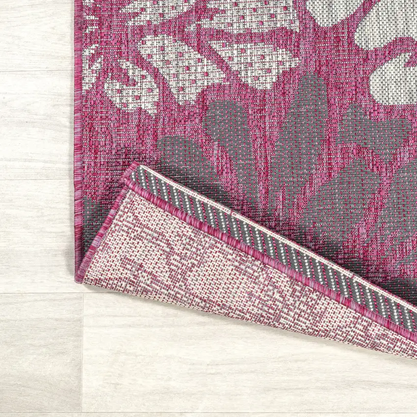 8' Fuchsia And Light Gray Floral Indoor Outdoor Runner Rug Photo 9
