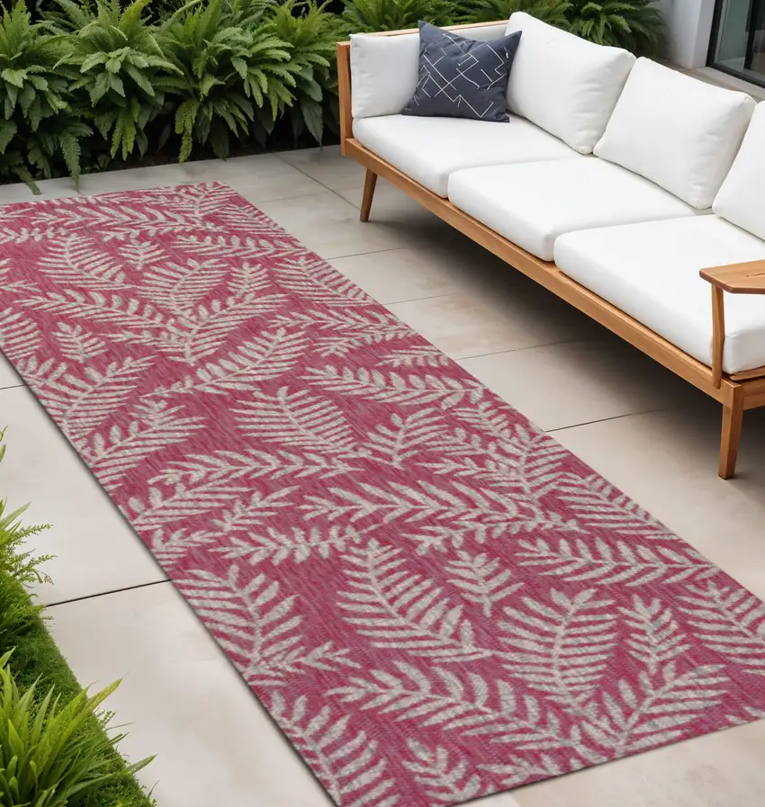 10' Fuchsia And Light Gray Floral Indoor Outdoor Runner Rug Photo 1