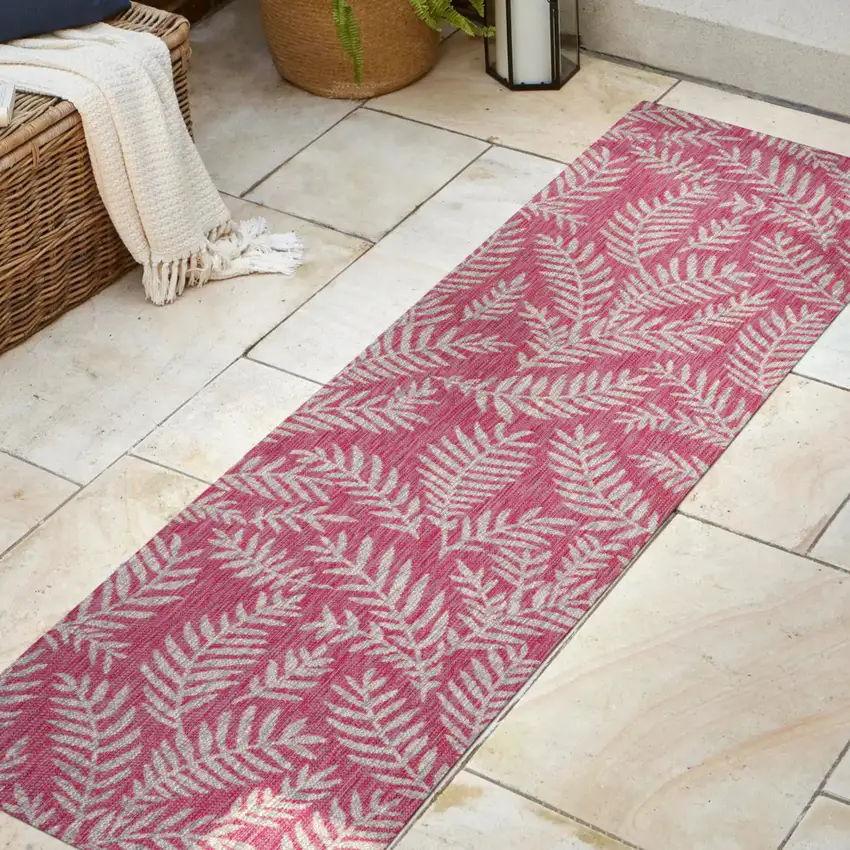 8' Fuchsia And Light Gray Floral Indoor Outdoor Runner Rug Photo 5