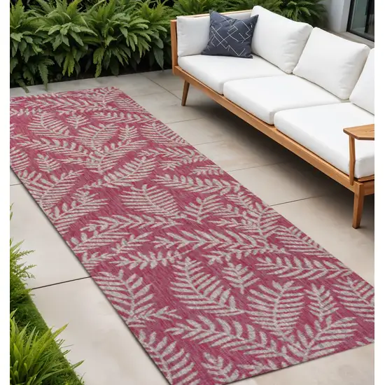 8' Fuchsia And Light Gray Floral Indoor Outdoor Runner Rug Photo 1