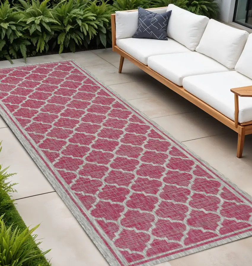 10' Fuchsia And Light Gray Geometric Indoor Outdoor Runner Rug Photo 1