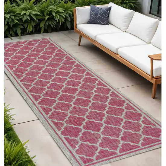 10' Fuchsia And Light Gray Geometric Indoor Outdoor Runner Rug Photo 1