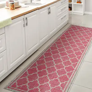 Photo of 10' Fuchsia And Light Gray Geometric Indoor Outdoor Runner Rug
