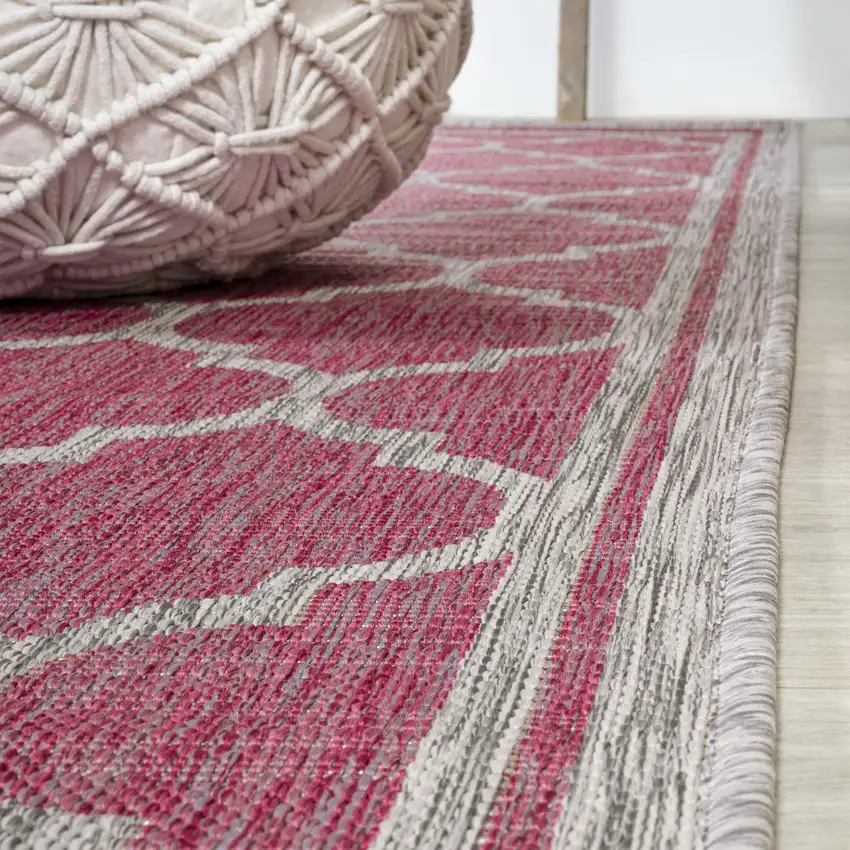 10' Fuchsia And Light Gray Geometric Indoor Outdoor Runner Rug Photo 7