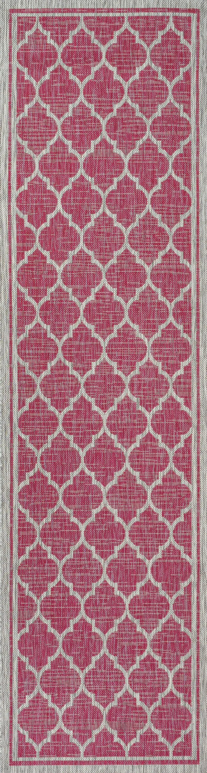 10' Fuchsia And Light Gray Geometric Indoor Outdoor Runner Rug Photo 1