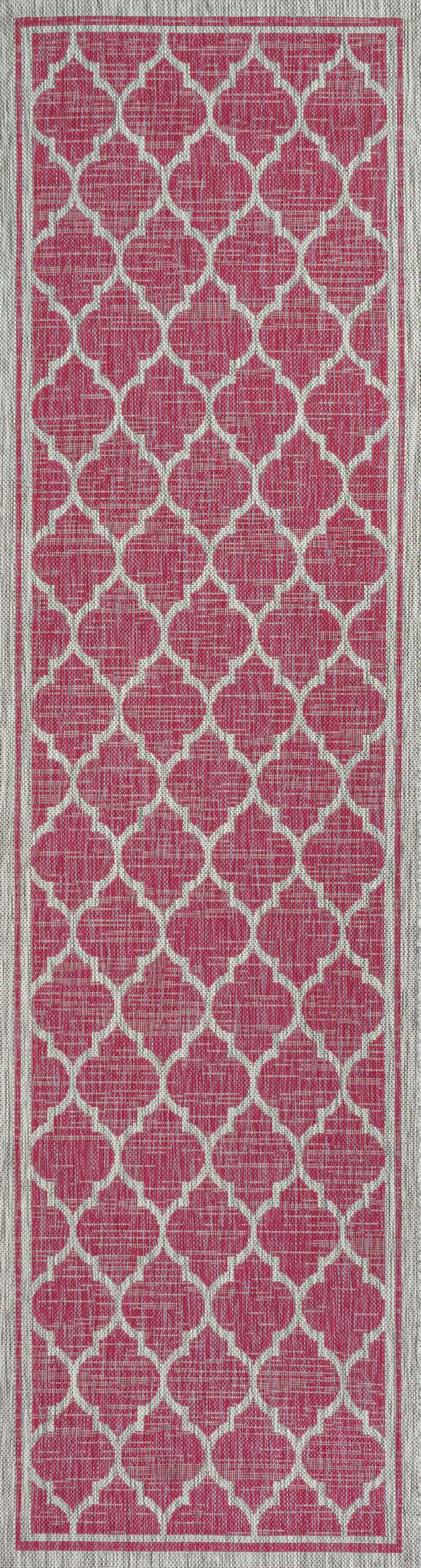 10' Fuchsia And Light Gray Geometric Indoor Outdoor Runner Rug Photo 3