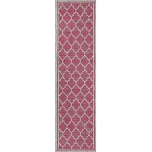 Photo of 8' Fuchsia And Light Gray Geometric Indoor Outdoor Runner Rug