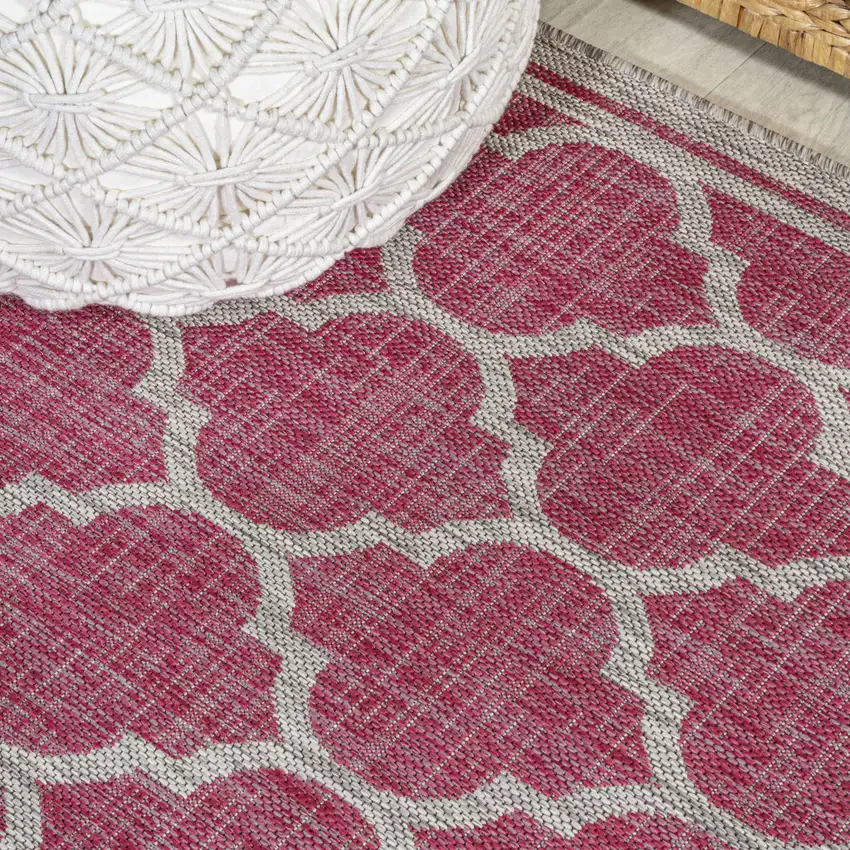 8' Fuchsia And Light Gray Geometric Indoor Outdoor Runner Rug Photo 8