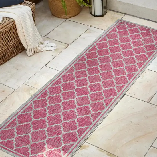 8' Fuchsia And Light Gray Geometric Indoor Outdoor Runner Rug Photo 5